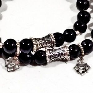 2 Unisex Sterling Silver & Onyx Beaded Bracelets by Elyse Ryan